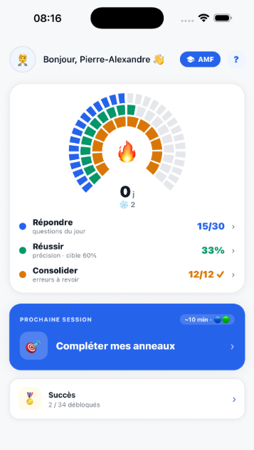 L’écran Coach de Certif Coach : anneaux du jour, prochaine session et succès