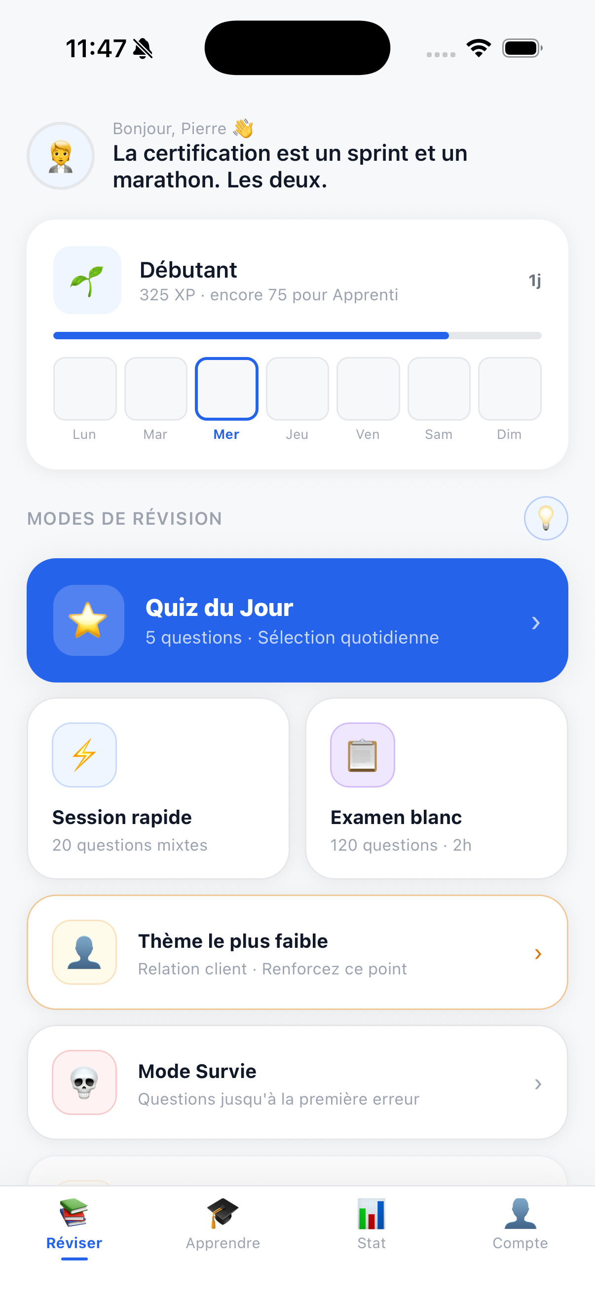Écran d'accueil AMF Certif